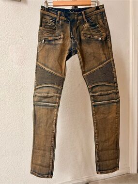 Balmain Paris Men's Designer Distressed Moto Skinny Jeans in Washed Brown